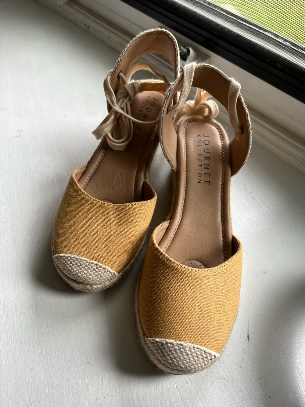 Journee Collection Yellow Canvas Ankle-Tie Espadrille Wedges